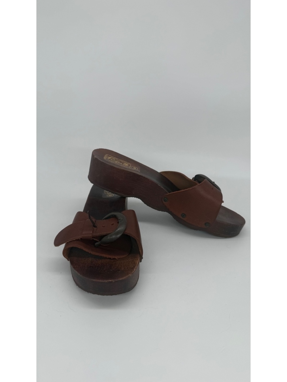 Vintage Rapallo Made in Italy Brown Leather Wood Wedge Slide Sandals Women’s 9